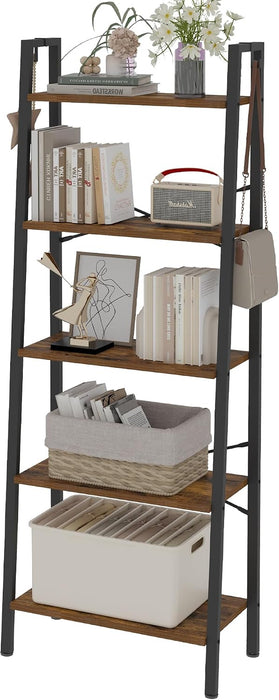 Ladder Shelf, Bookshelf, Freestanding Corner Storage Shelf | Bookcase with 2 Hooks for Office, Living Room, Kitchen, Bedroom, Industrial, 11.8"D X 23.6"W X 63"H, Rustic Brown BC19301B