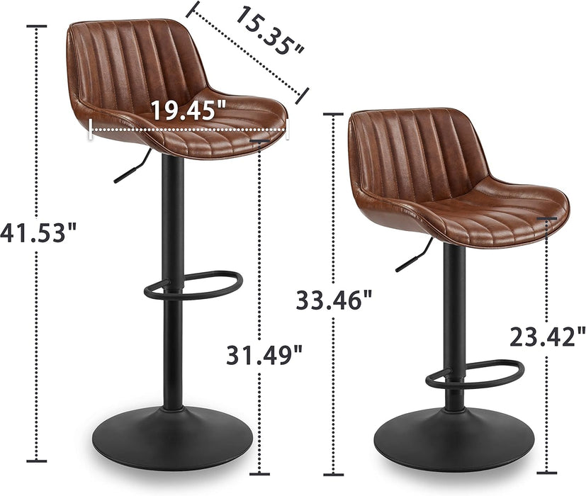 Bar Stools Set of 2, Mid Century Modern Faux Leather Swivel Barstools Adjustable Height, Counter Height Pub Bar Chair with Back, Black Powder Coated Base, Cognac