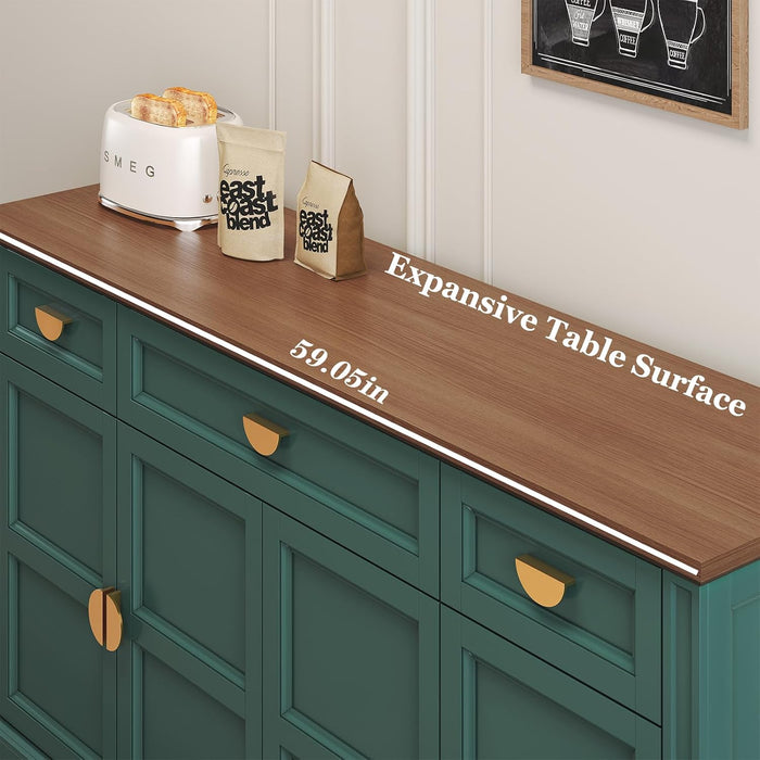60'' Shaker-Style Large Sideboard Buffet Cabinet with Storage, Green | Credenza Storage Cabinet with 4 Doors and 3 Drawers, Coffee Bar for Kitchen, Living Room
