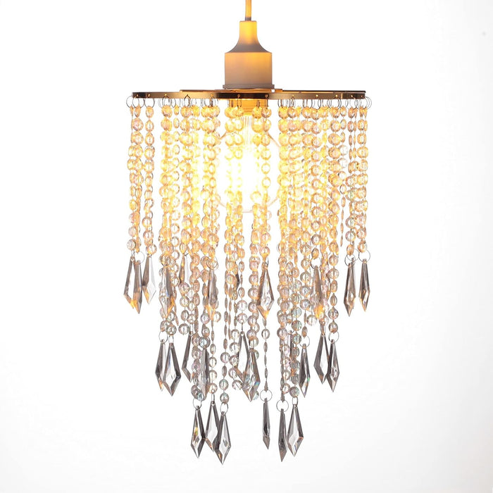Acrylic Chandelier Ceiling Light Shade Beaded Hanging Pendant Lampshade with Gold Frame for Bedroom for Wedding Party H12.9" X W8.7" 3 Tiers