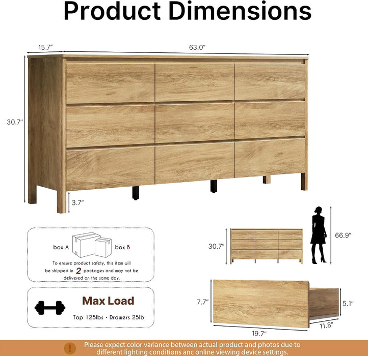Oak 9 Drawer Dresser for Bedroom, 63" Wide Modern Wood Dresser