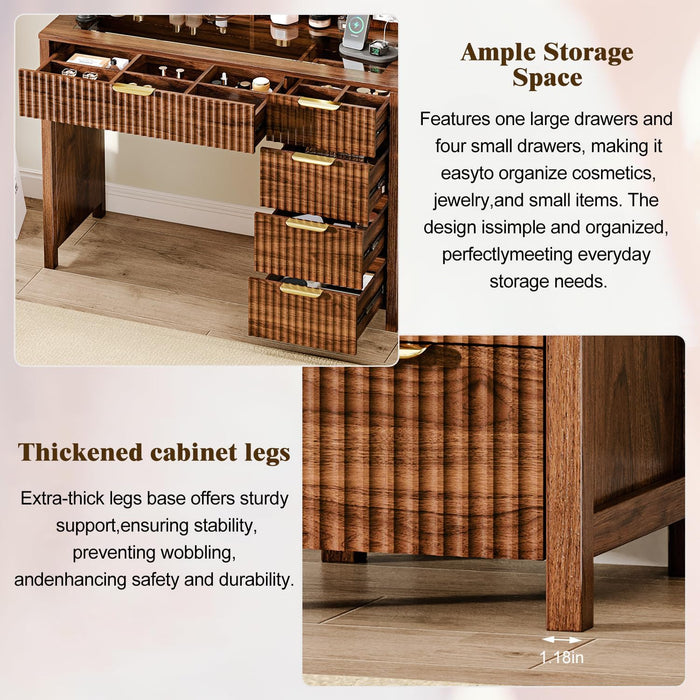 43.3'' Vanity Desk with Mirror and Lights, with Glass Tabletop, with 5 Drawers & Shelves,Makeup Vanity Set for Bedroom, Walnut1