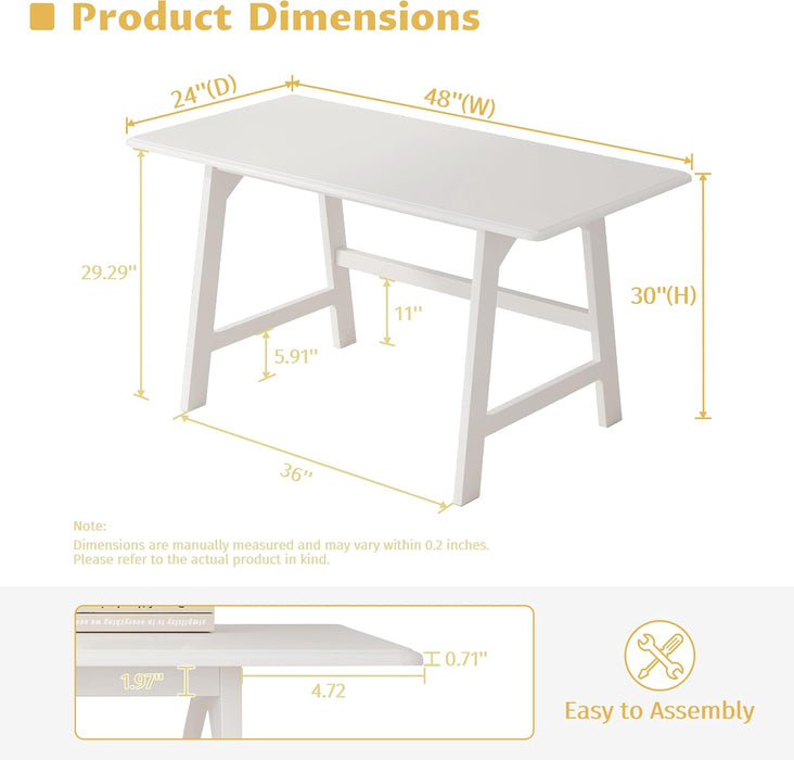 Solid Wood Writing Table - 48" W Minimalist PC Computer Desk, White