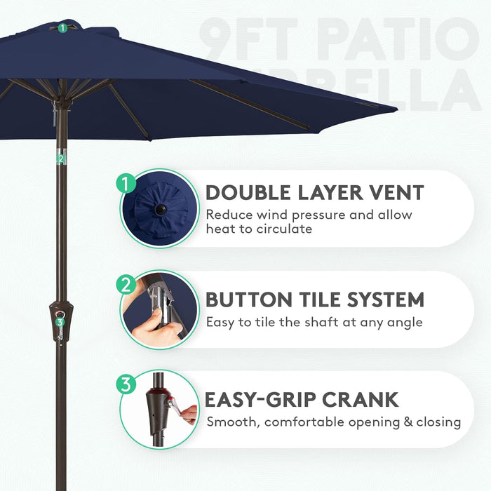 9FT Outdoor Patio Umbrella Outdoor Table Umbrella with Push Button Tilt and Crank, Market Umbrella 8 Sturdy Ribs UV Protection Waterproof for Garden, Deck, Backyard, Pool (Navy Blue)