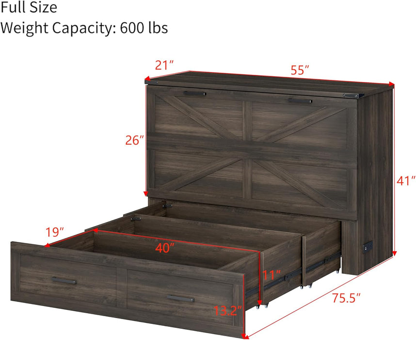 Farmhouse Wood Murphy Bed Chest with Charging Station, Foldable Wall Platform Bed with Storage Drawer/Space Saving/Wood Slat Support/Full, Gray