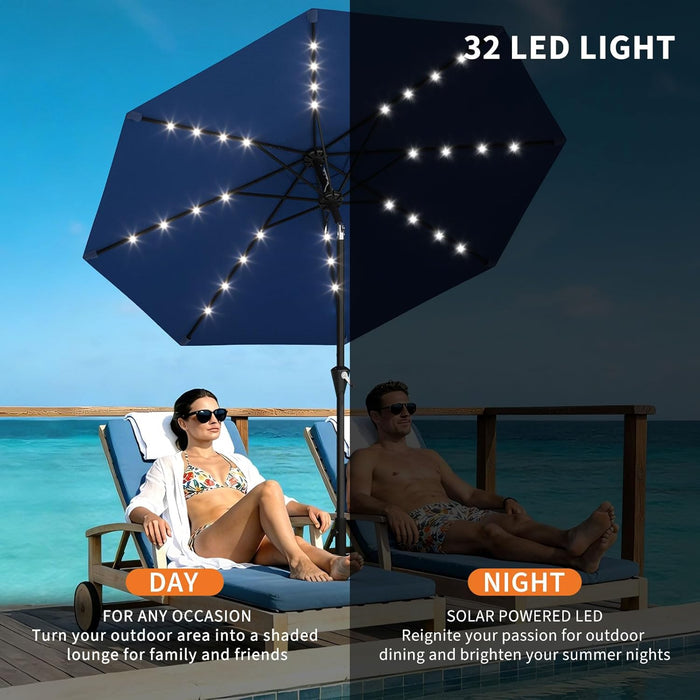 9FT Solar Patio Umbrella with 32 LED Lights - Outdoor Table Umbrella with Crank Lift, Push Button Tilt and 8 Sturdy Ribs - Market Umbrella UV Protection for Pool, Deck, Yard, Garden -Navy Blue