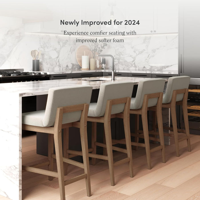 Gracie Modern Counter Height Bar Stool with Back, Counter Stool Upholstered Chair with Natural Flax White Fabric and Brushed Wooden Legs, Natural Flax/Brown, Set of 4