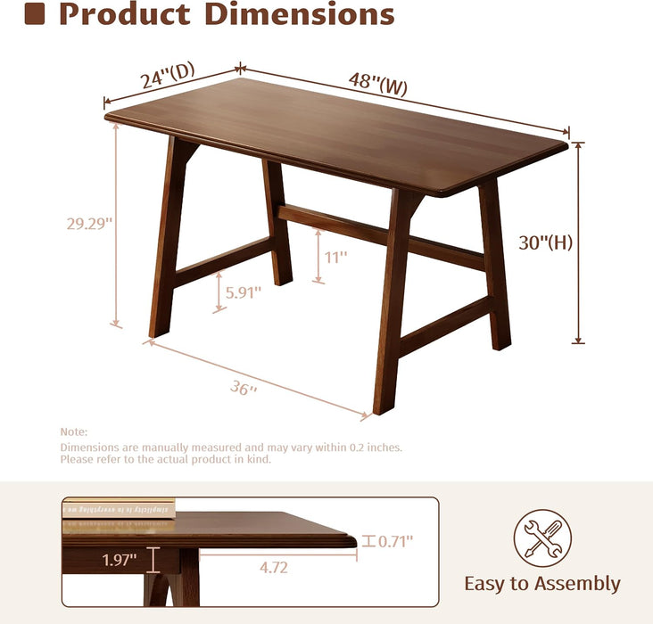 Solid Wood Writing Table - 48" W Minimalist PC Computer Desk, Walnut