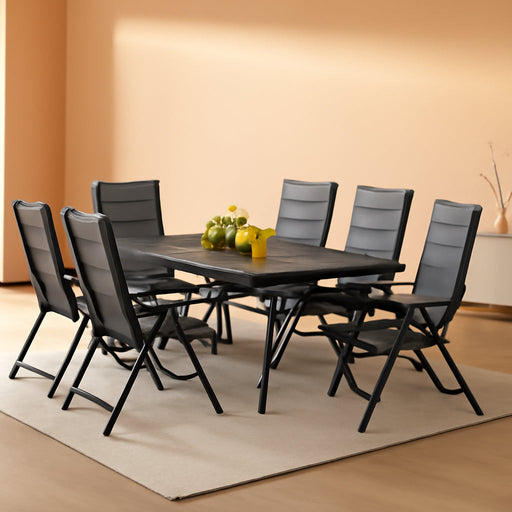 9 Pieces Outdoor Patio Dining Set with 8 Folding Portable Chairs and 1 Rectangle Aluminum Table, Foldable Adjustable High Back Reclining Chairs with Soft Cotton-Padded Seat, Grey
