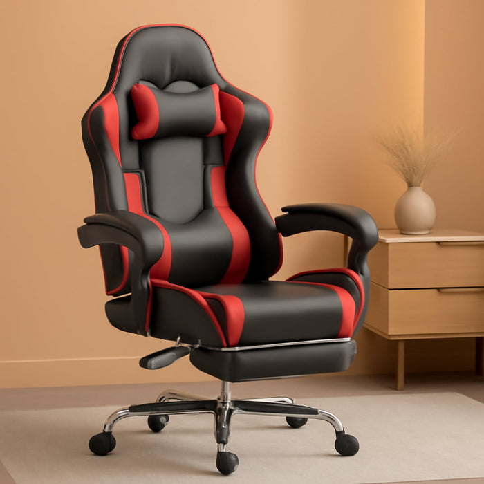 Video Game Desk Chair - Ergonomic Computer with Footrest and Comfy Lumbar Support, PU Leather Recliner with Headrest, Fixed up Armrest, Height Adjustable with 360° Swivel, for Adults, Red
