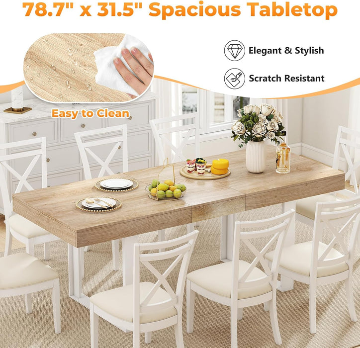 63"-78.7" Extendable Dining Table for 6-8, Farmhouse Kitchen Table | Rectangular Expandable Dining Room Table with U-Shaped Legs Wooden Dinner Table for Kitchen Office Living Room-Oak