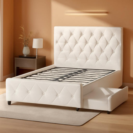 Dakota Upholstered Platform Bed with Underbed Storage Drawers and Diamond Button Tufted Headboard and Footboard, No Box Spring Needed, Twin, White Faux Leather