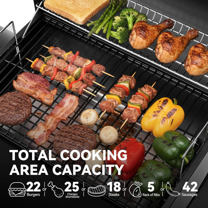 Barrel Charcoal Grill with Offset Smoker, Side Shelf with Hooks, Mesh Bottom Shelf, Blow-Molded Wheels, Outdoor Grilling and Backyard Cooking, CC1624S, Black