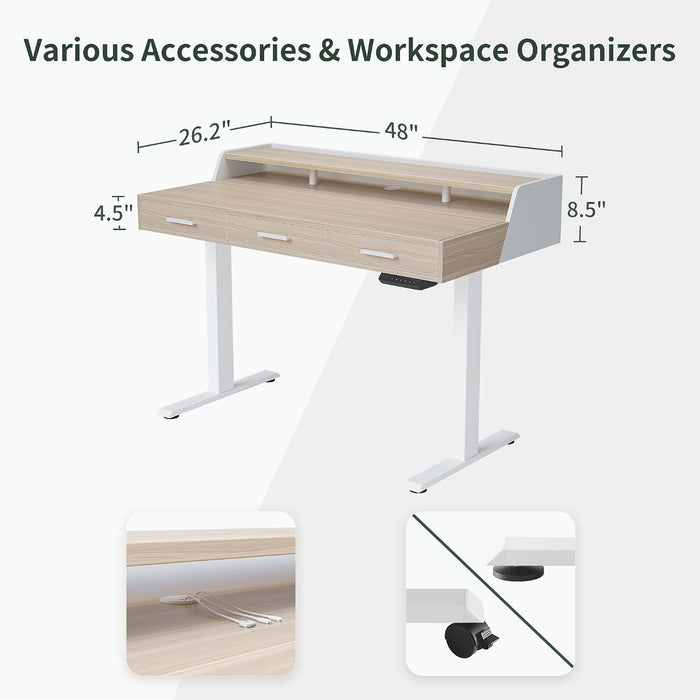 One-Piece Standing Desk 48X26 with 3 Wood Drawers, Light Walnut