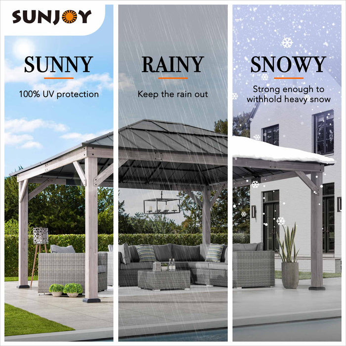 SUNJOY 13 Ft. X 15 Ft. Cedar Framed Gazebo with Black Steel and Polycarbonate Hip Roof Hardtop