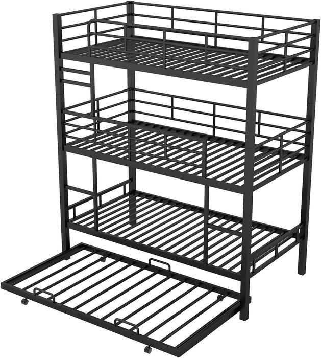 Metal Twin Size Triple Bunk Bed with Trundle for 4, Bunk Beds with 2 Ladders & Guardrails, Convertible to 3 Separate Beds for Kids Teens, Space-Saving, Black