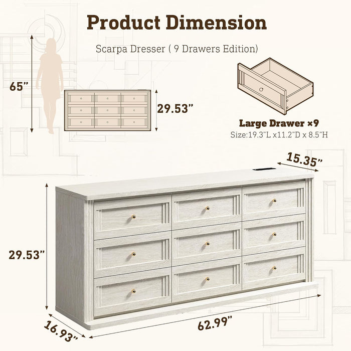 9 Drawers Dresser for Bedroom with Charging Station, Modern Chest of Drawer