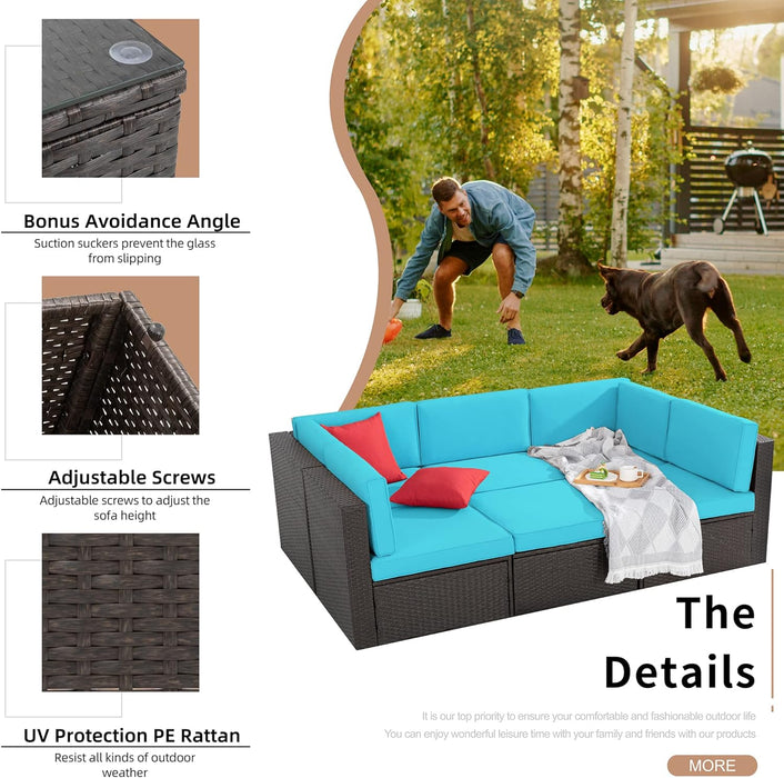 6 Pieces Patio Furniture Sets Outdoor All-Weather Sectional Patio Sofa Set PE Rattan Manual Weaving Wicker Patio Conversation Set with Glass Table & Ottoman Cushion and Red Pillows, Blue