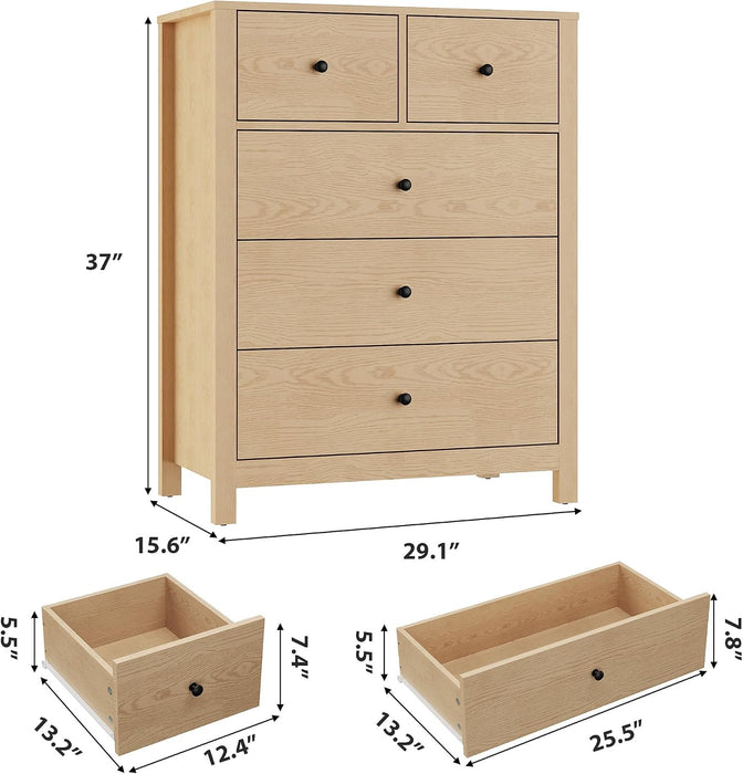 Natural 5 Drawer Dresser, Tall Modern Dresser for Closet, Bedroom