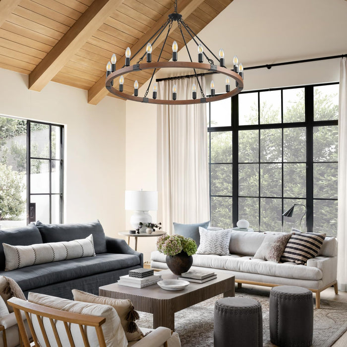 38”Wooden Wagon Wheel Chandelier,Black Vintage 18 Light Rustic round Hanging Light Fixture,Industrial Country Ceiling Light Used in the Farmhouse,Hallway,Foyer,Living Room,Dining Room