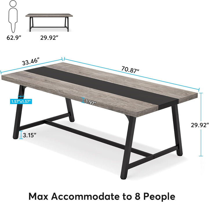 Dining Table for 8 People, 70.87-Inch Rectangular Wood Kitchen Table with Strong Metal Frame, Industrial Large Long Dining Room Table for Big Family (Gray, No Chair)