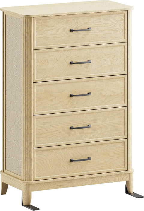 5 Drawer Dresser for Bedroom, Modern Farmhouse Chest of Drawers with Rattan Side Panels, Wooden Storage Cabinet with Metal Handles, Solid Wood Legs & Anti-Tip Kit for Living Room, Natural Wood