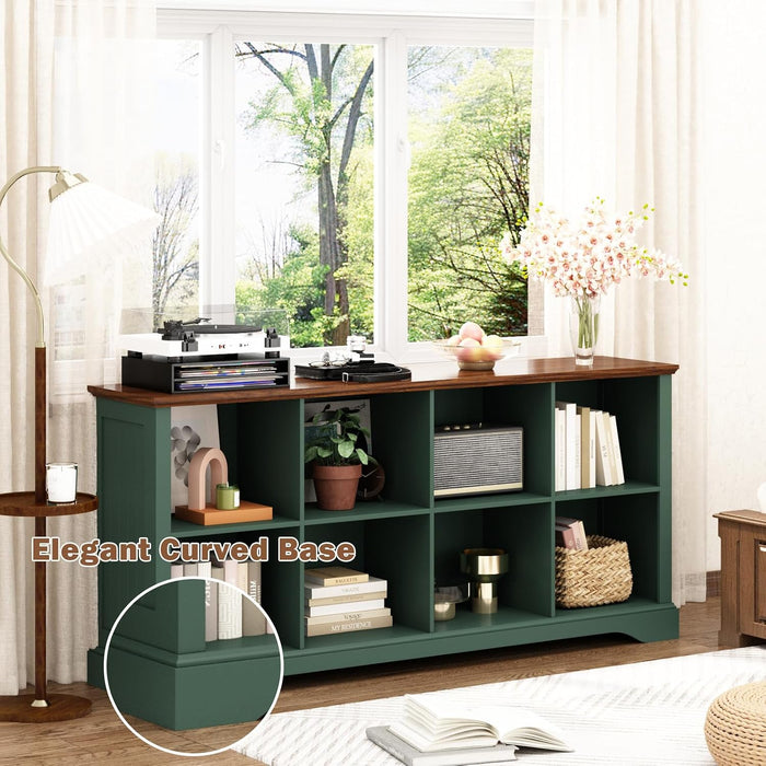 8 Cube Storage Organizer, 62" Long Low Horizontal Bookshelf, Green | 3 Tier Horizontal Bookcase, Wood Open Book Shelf, Farmhouse Cubby Storage, Wide Console Cabinet, Living Room, Entryway,Office