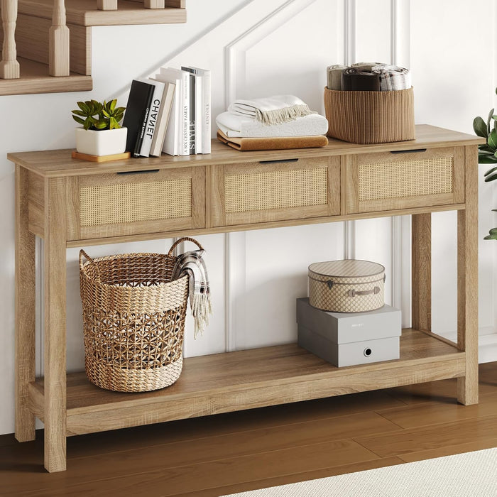 Rattan Console Table Boho Entryway Table with 3 Drawers Storage, Narrow Long behind Couch Sofa Table for Living Room Side Table Entry Way Table Entrance Hallway Foyer, Natural, 47 Inch