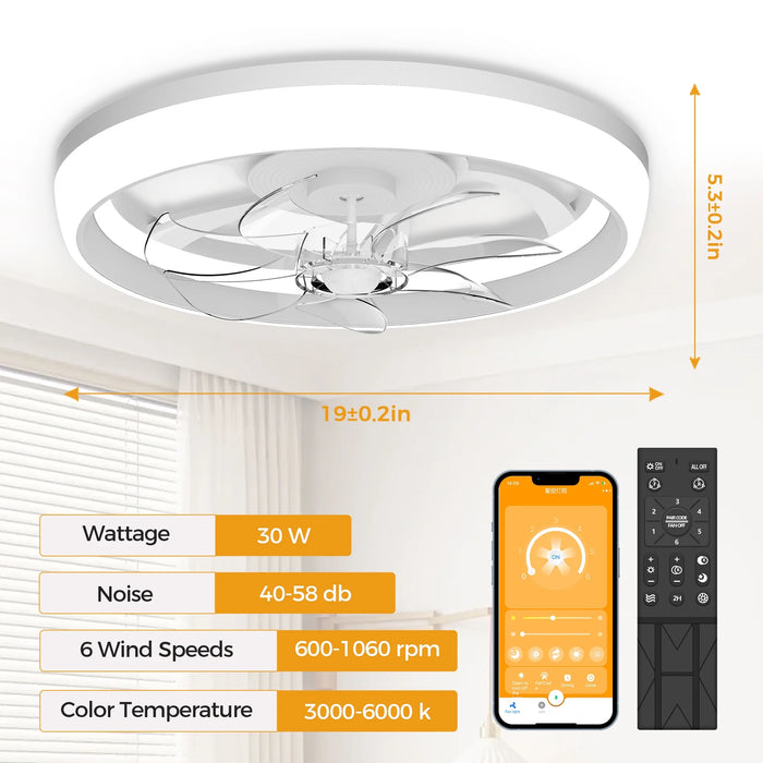 19" Ceiling Fan with Light - 2 Colors Lighting, 6 Wind Speeds, Ceiling Fan with Remote Control&App, Modern Dimmable LED Ceiling Fan, Smart Ceiling Fan for Bedroom, Kids Room(White)