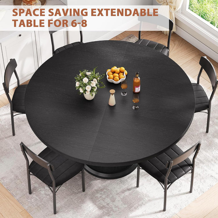 Extendable round Kitchen Dining Room Table for 4-6 with 2-Tier Storage Shelf, 63'' Space Saving Expandable Wood Oval Circle Dinner Furniture with Pedestal Base(Black)