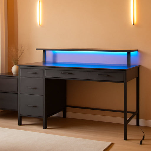 Computer Desk with Power Outlets & LED Light, 39 Inch Home Office Desk with 5 Drawers, Writing Desk with Monitor Stand,Work Desk for Home Office, Black