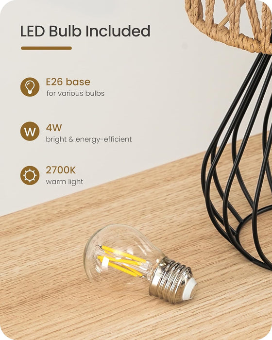 Small Bedside Lamp, Boho Table Lamp with Handwoven Paper Lampshade & Black Metal Base, Rattan Desk Lamp, Modern Nightstand Lamp for Bedroom, Living Room, 2700K LED Bulb Included, HW06TL05