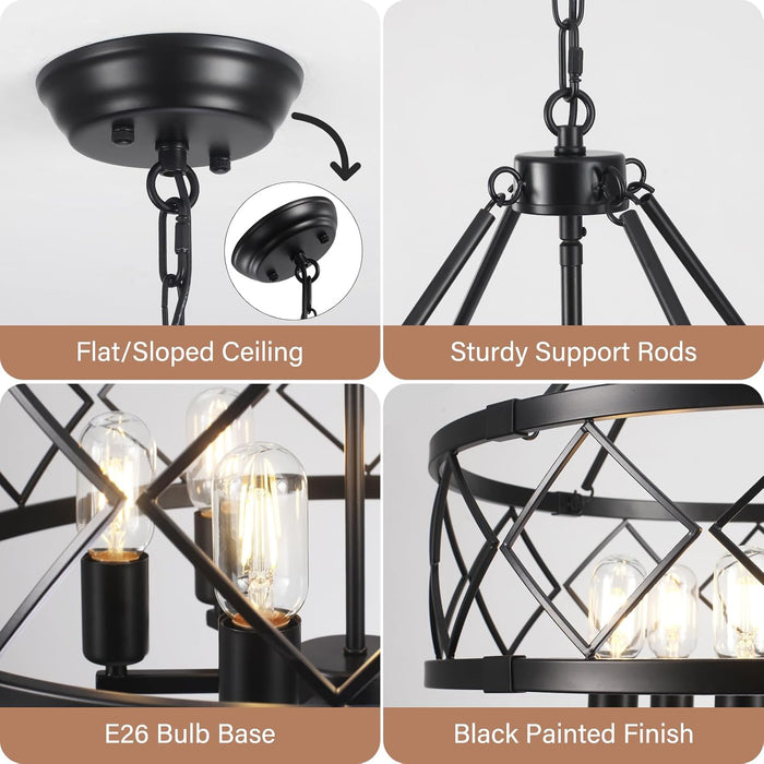 21.65" Black Chandelier, 6-Light Modern Farmhouse Dining Room Chandelier, Industrial Metal Cage Chandelier Hanging Light Fixture for Kitchen Island, Foyer, Entryway, Staircase, Living Room