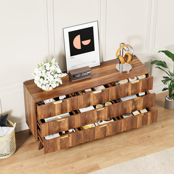 Contemporary Walnut 9 Drawer Dresser Fluted Fronts