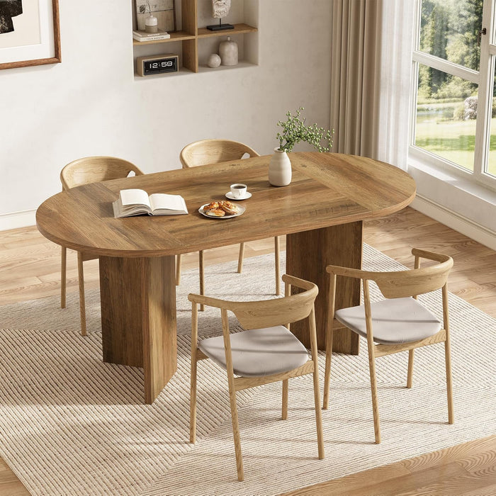 63" Rustic Oval Dining Table for 4-6, Sturdy MDF Farmhouse Kitchen Table with Metal Strip Base, for Living Room, Office, Restaurant, Multi-Use, Umber