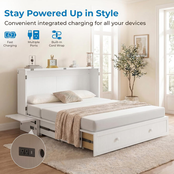 White Queen Murphy Bed Cabinet With USBChargingModule