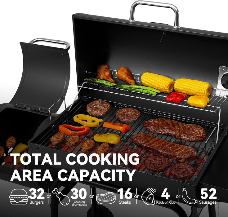 CC1830M 30 Inch Barrel Charcoal Grill with Offset Smoker & Warming Rack, Outdoor BBQ Grill with 811 Sq. In. Grilling Space for Backyard, Patio and Parties, Black