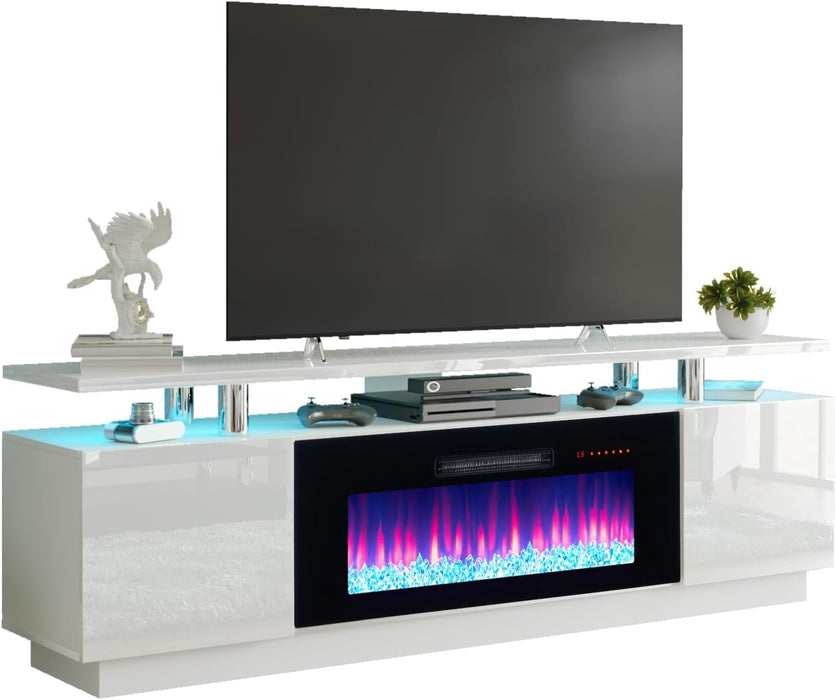 Fireplace TV Stand with 36" Fireplace, 70" Modern Fireplace Entertainment Center LED Lights, 2 Tier TV Console Cabinet for Tvs up to 80", Ivory White
