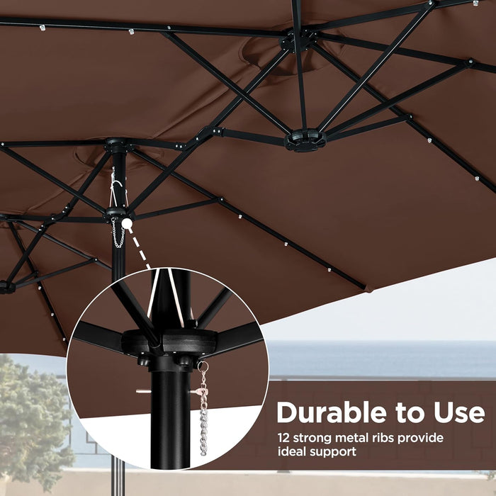 15 Ft Large Patio Umbrella with Solar Lights Double-Sided Outdoor Rectangle Market Umbrellas with 36 LED Lights/Base Included/Easy Crank for Patio Garden Yard Pool Lawn, Brown
