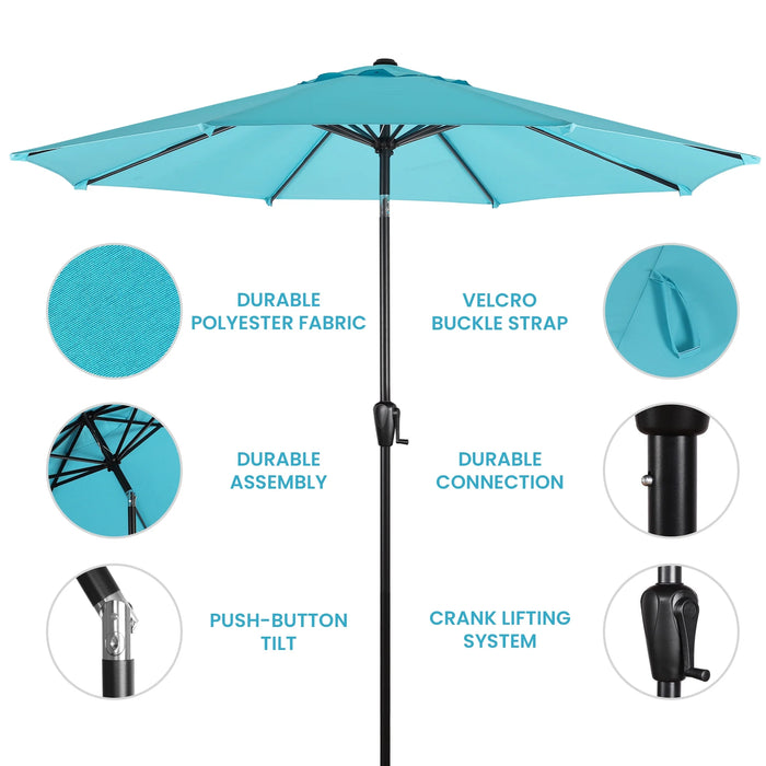 9 FT Patio Umbrella W/ Push Button Tilt and Crank Outdoor Umbrella, 8 Sturdy Ribs, UV Protection, Solution-Dyed Fabric, Aqua