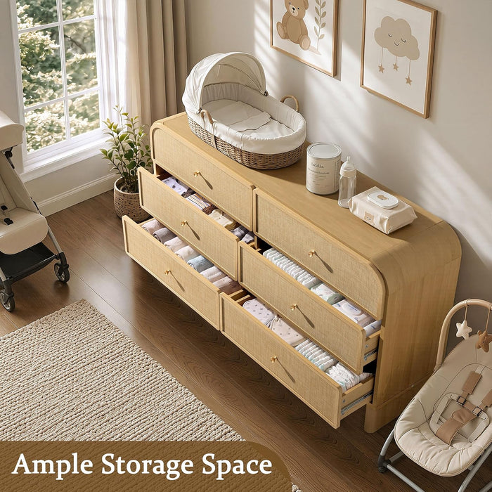 6 Drawer Rattan Dresser for Bedroom 55" Wide Chest of Drawers