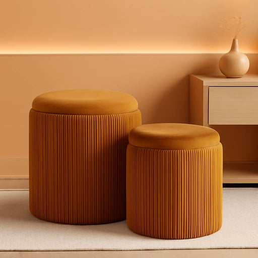 Round Set of 2 Ottoman with Storage-Upholstered Velvet Vanity Stool for Makeup Multifunctional Ottomans Coffee Table Padded Seat Foot Rest for Living Room&Bedroom (Yellow)