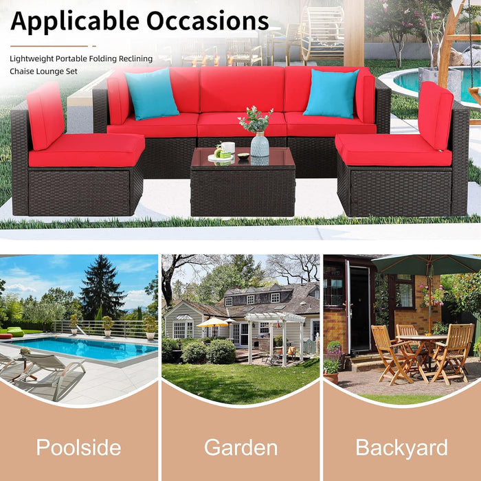6 Pieces Patio Furniture Sets Outdoor All-Weather Sectional Patio Sofa Set PE Rattan Manual Weaving Wicker Patio Conversation Set with Glass Table&Ottoman Cushion and Red Pillows, Red