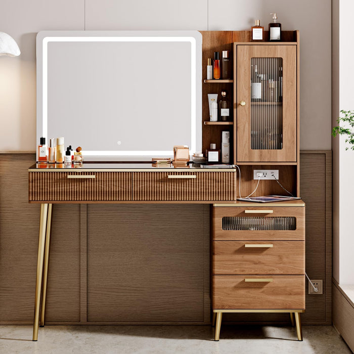 Vanity Desk with 29.53" HD Lighted Mirror, 47.24" Big Modern Vanity Desk with Mirror and Lights, Makeup Vanity with 5 Drawers and Storage Shelves and Charging Station,Brown