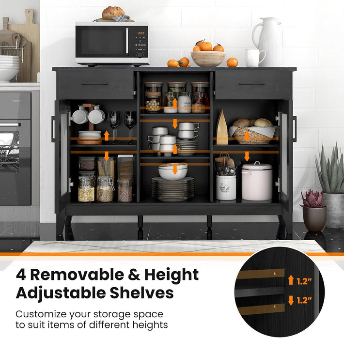 Sideboard Buffet Cabinet with 2 Drawers, Kitchen Storage Cabinet W/2 Doors, Open Compartments, Shelves, Faux Marble Top, Modern Furniture for Living Room, Coffee Bar, Entryway (Black)