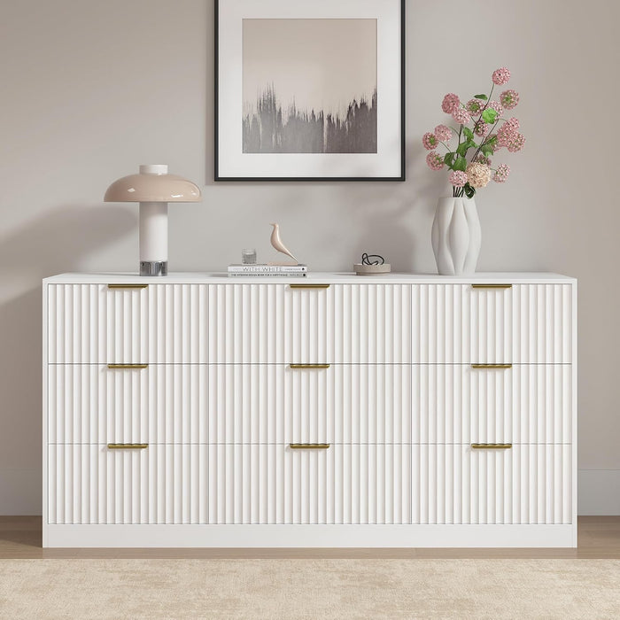 White 9 Drawer Dresser for Bedroom, 63" Wide Modern Fluted Chest of Drawers, Wooden Dresser with Gold Metal Handles, Mid Century Large Dresser TV Stand for Living Room Hallway