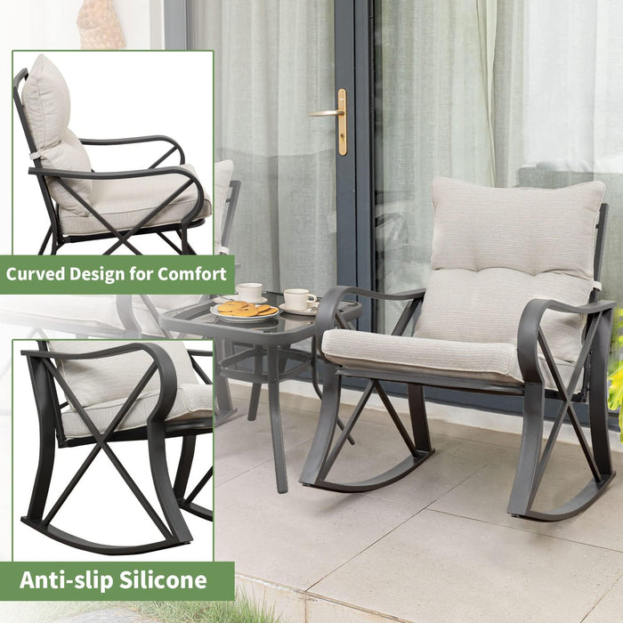 3 Piece Bistro Set Patio Rocking Chairs Outdoor Furniture W Beige Cushions, Glass-Top Table for Garden, Pool, Backyard