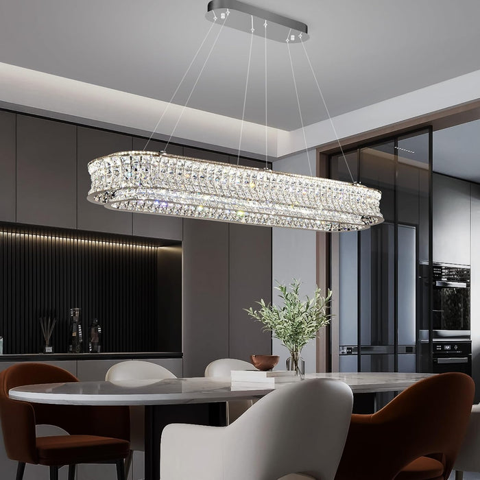 47" LED Rectangle Chrome Crystal Chandeliers for Dining Room, Rectangular Modern Crystal Oval Kitchen Chandelier, Dimmable LED Light Fixture with Remote, for Dining Room, Kitchen Island, Bar