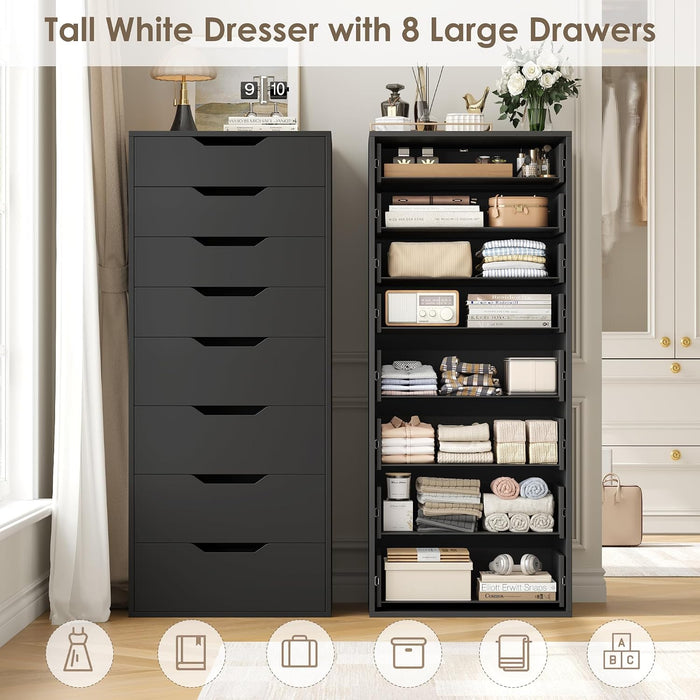 44.5" Tall Black Dresser, 8 Drawer Dresser with Groove Handles