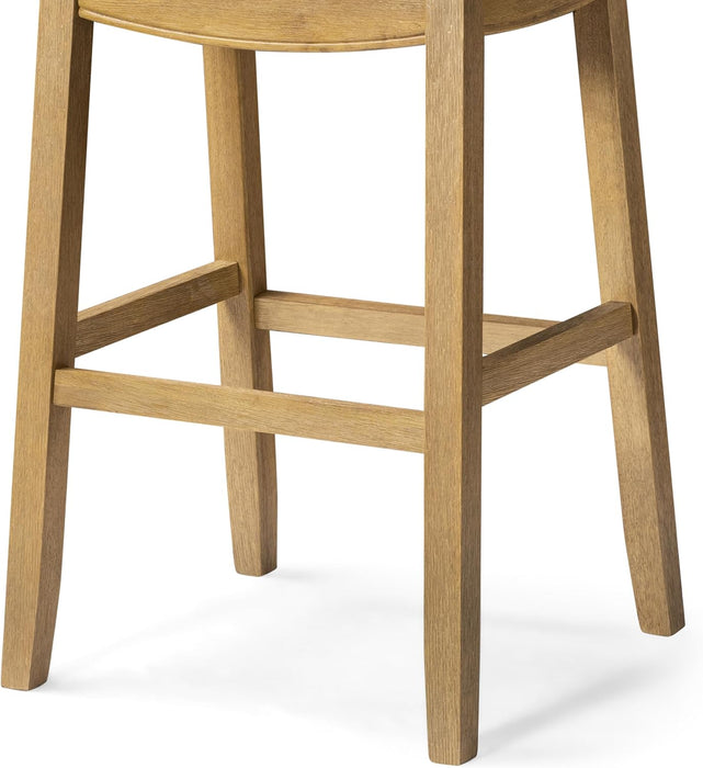 31" Sophia Backless Bar Stool - Handcrafted Plush Upholstered Saddle Seat with Six-Panel Stitching & Nailhead Trim - Space Saving Wood Barstool in Aged Natural Finish W/Light Beige Fabric